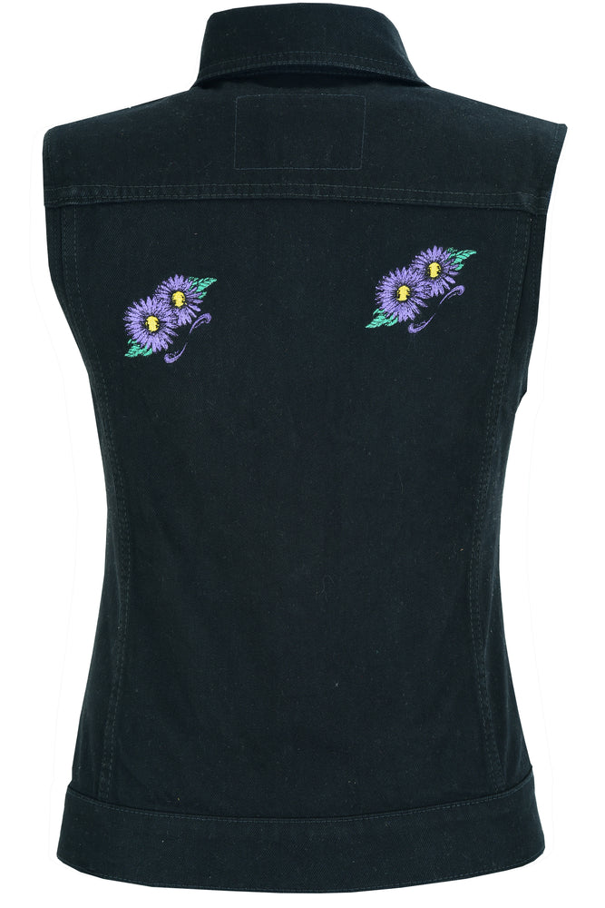 DM Women's Black Denim Snap Front Vest with Purple Daisy