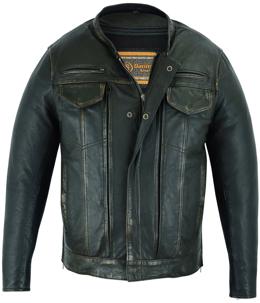 DS Men's Modern Utility Style Jacket in Lightweight Drum Dyed Distressed Naked Lambskin