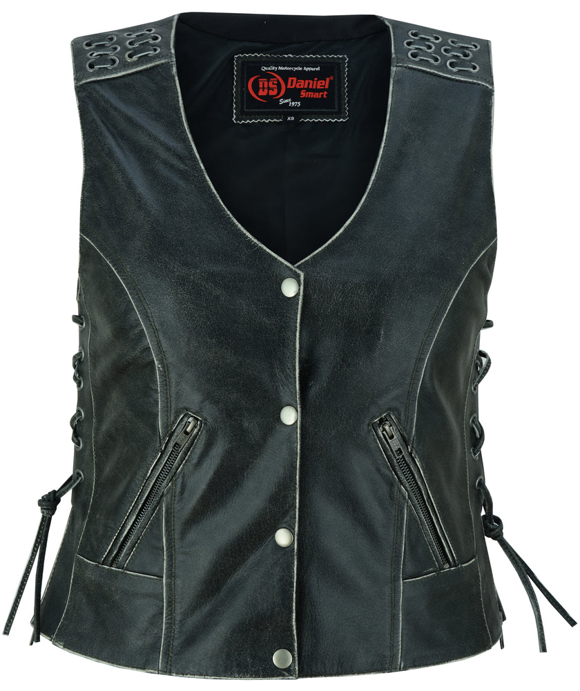 DS Women's Gray Vest with Grommet and Lacing Accents