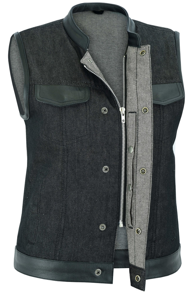 DM Women's Rough Rub-Off Raw Finish Denim Vest W/Leather Trim