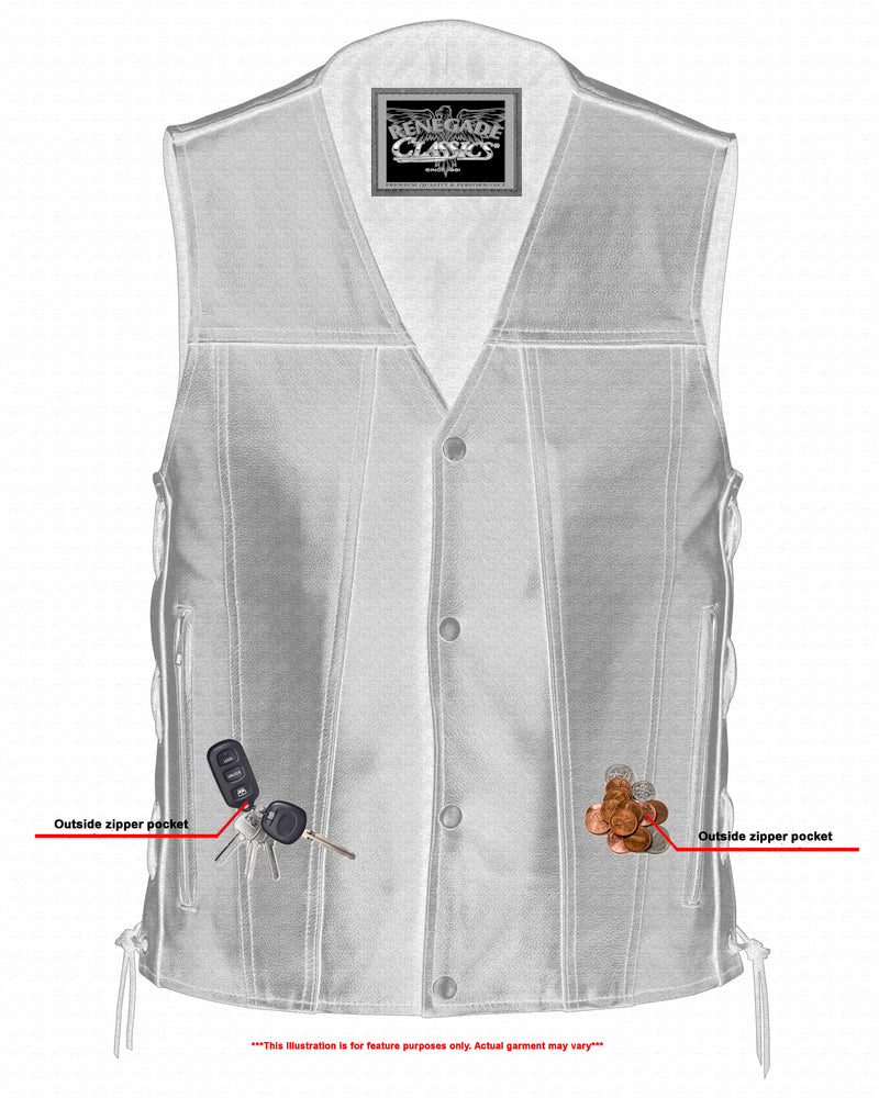 Clubster Men's Black Milled Cowhide Side Lace Motorcycle Leather Vest