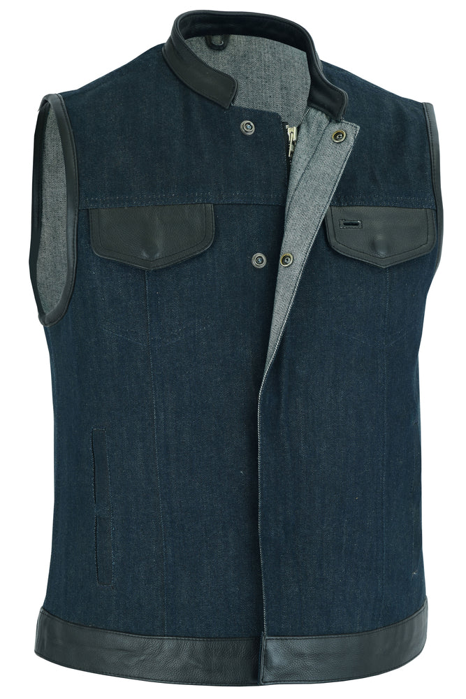 DM Women's Broken Blue Rough Rub-Off Raw Finish Denim Vest W/Leath
