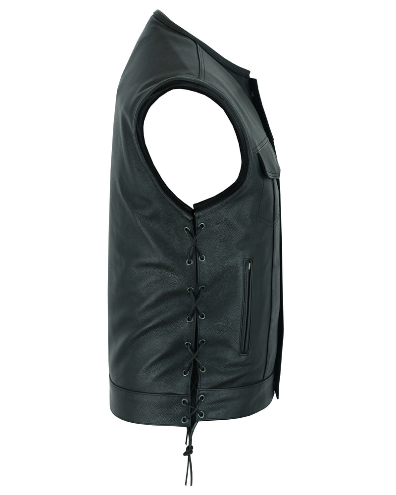 DS Men's Combat Black motorcycle Leather Vest - Gun Pockets & Side Laces