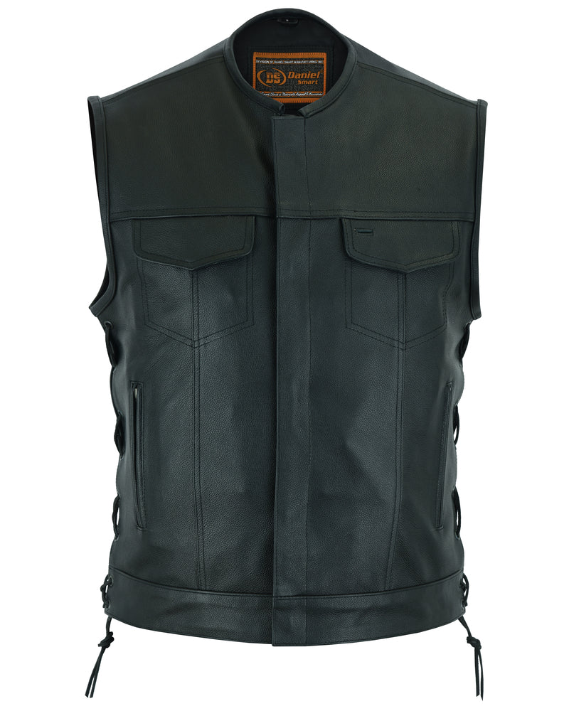 DS Men's Combat Black motorcycle Leather Vest - Gun Pockets & Side Laces