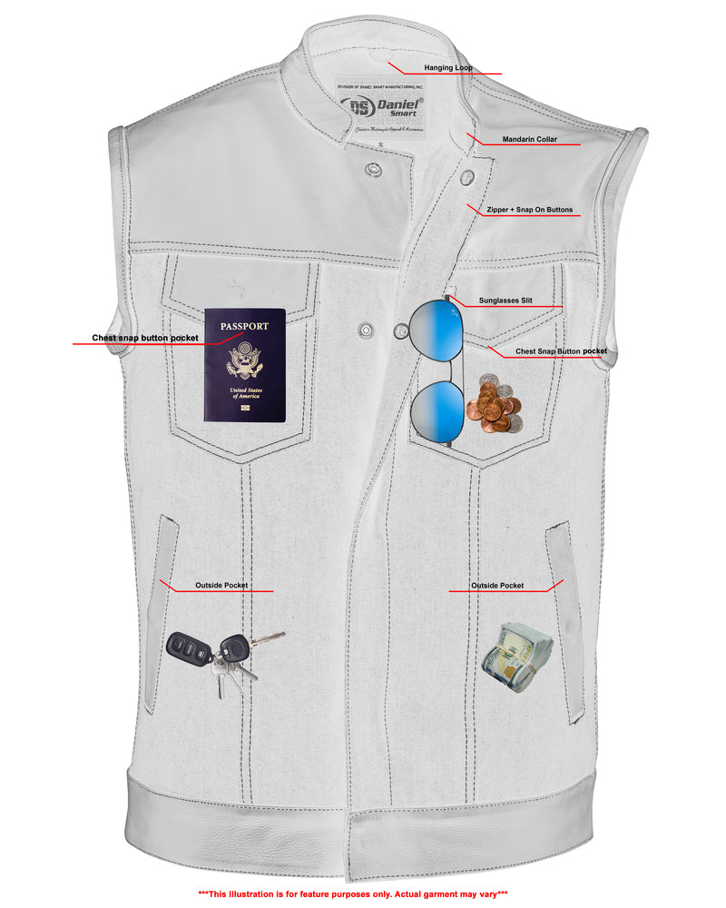 DM Men's Leather-Denim Combo Motorcycle Vest w/ Scoop Collar