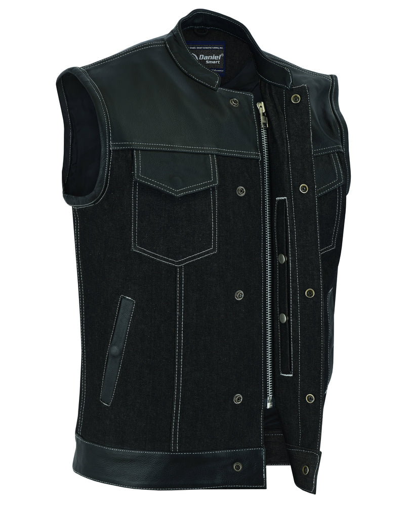 DM Men's Leather-Denim Combo Motorcycle Vest w/ Scoop Collar