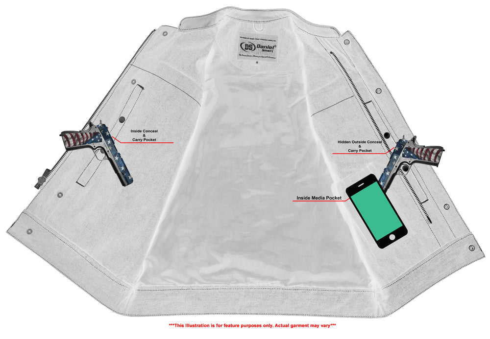 DM Men's Leather-Denim Combo Motorcycle Vest w/ Scoop Collar