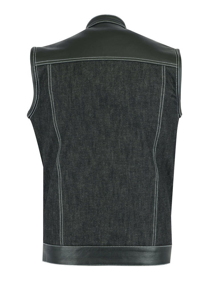 DM Men's Leather-Denim Combo Motorcycle Vest w/ Scoop Collar