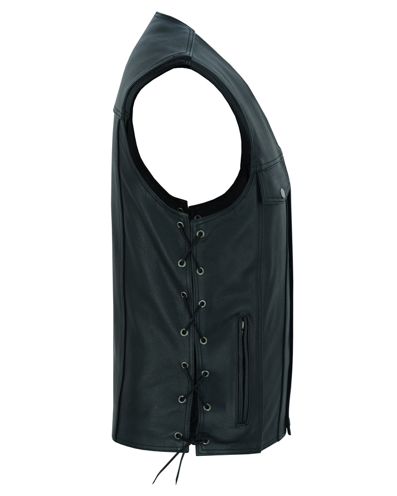 DS Men's Black Leather Vest with Side Laces and Smart Access Pockets
