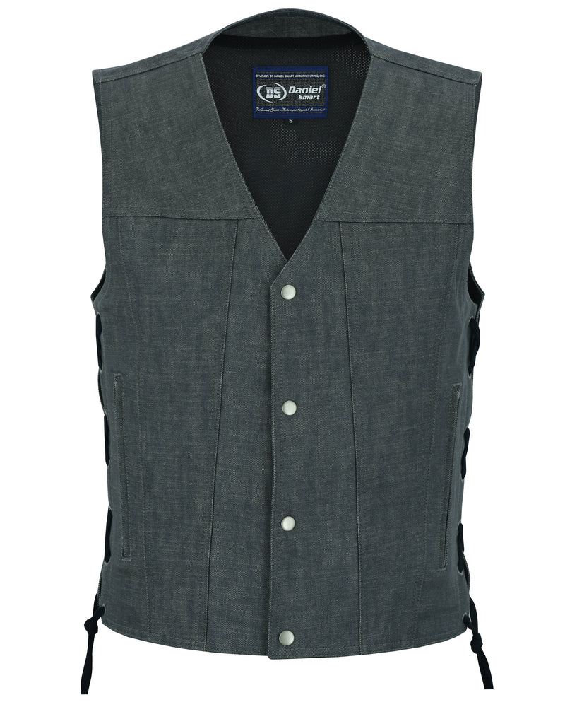 DM Men's Rough Rub-Off Raw Finish Broken Gray Denim Vest