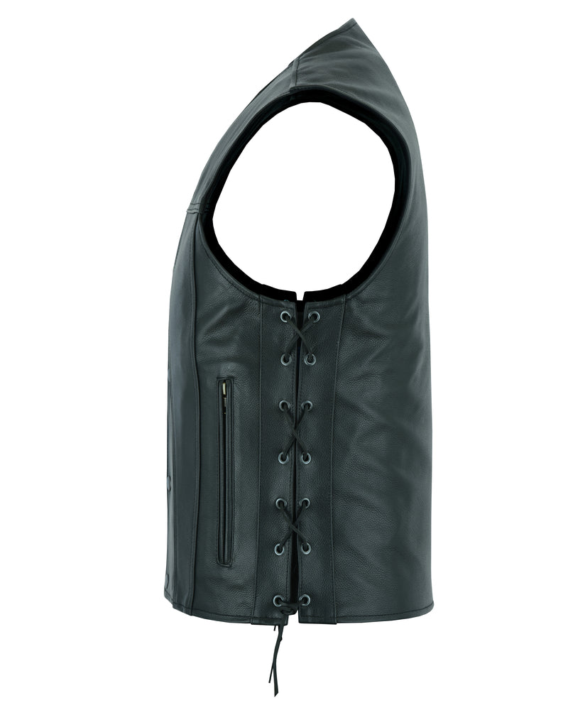 Clubster Men's Black Milled Cowhide Side Lace Motorcycle Leather Vest