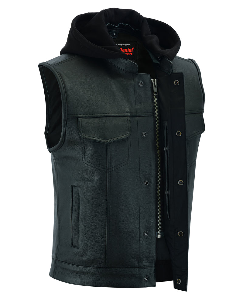 DS Men's Black Leather Motorcycle Vest with Removable Hood