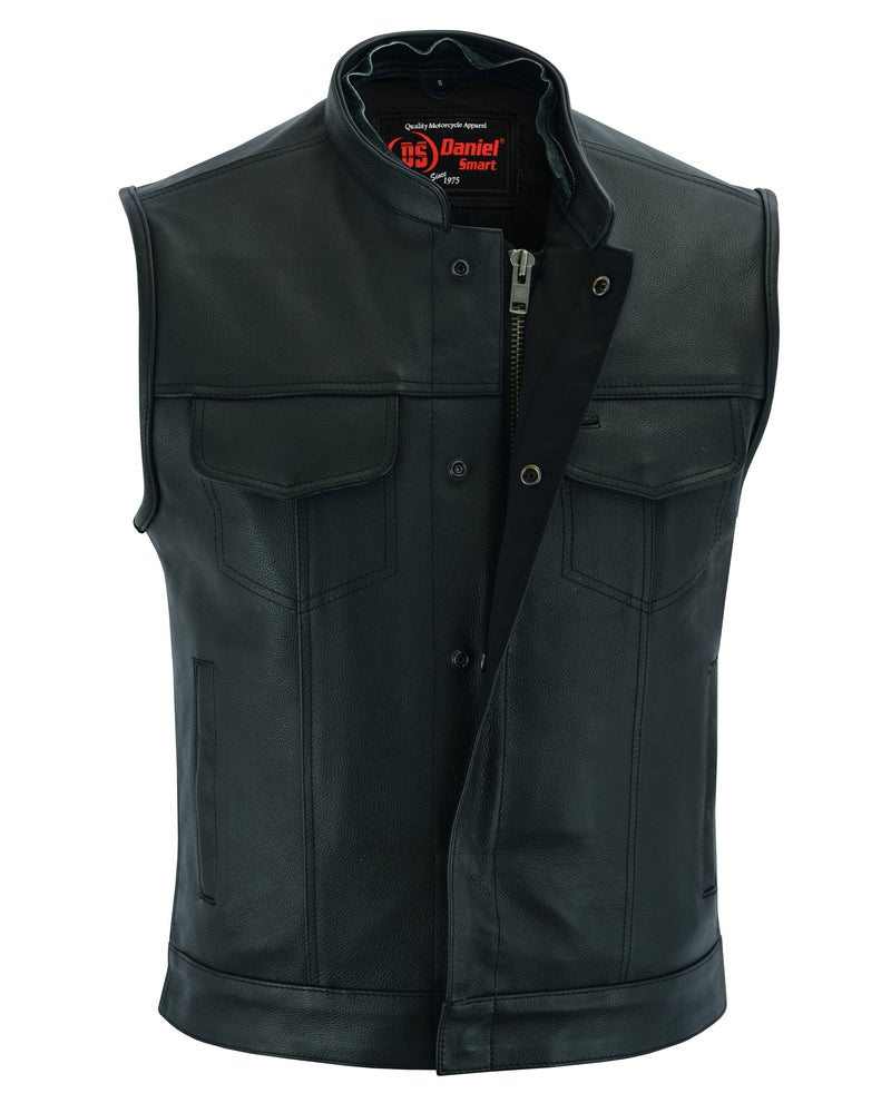 DS Men's Black Leather Motorcycle Vest with Removable Hood