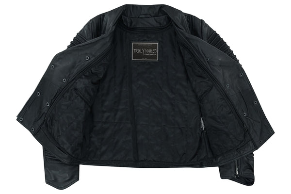 SHADOW QUEEN WOMEN'S BLACK FASHION LEATHER JACKET WITH RIBBED ACCENTS