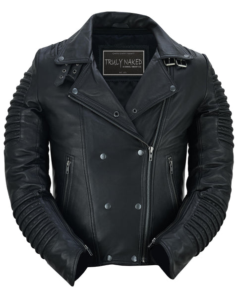 SHADOW QUEEN WOMEN'S BLACK FASHION LEATHER JACKET WITH RIBBED ACCENTS